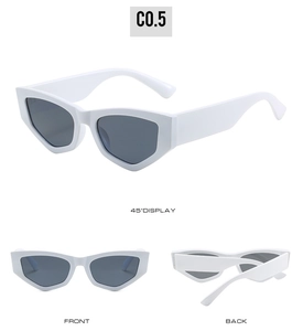 Three-way view of white cat-eye sunglasses with gray lenses in 45-degree, front, and back shots