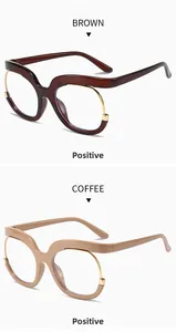 Close-up of oversized round frame glasses in brown and coffee colors with metal accents