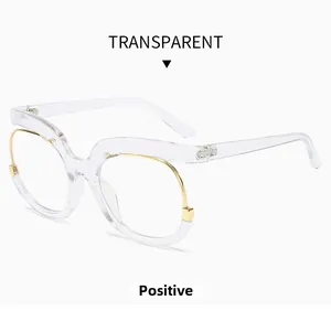 Front view of transparent oversized round glasses frame with gold metal top rim details