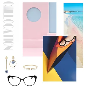 Collage of black cat-eye TR90 glasses, gold chain earrings and stylish heeled sandals