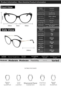Detailed size specifications for TR90 cat eye glasses with frame dimensions and weights