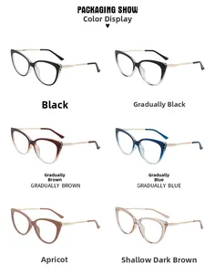 Cat eye TR90 frames with metal temples shown in six various color gradient options