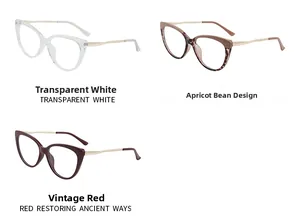 Detailed flat lay of cat-eye frames in transparent white, tortoise, and vintage red colors