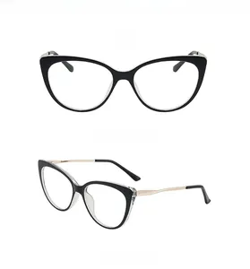 Front and 45-degree side view of black and gold TR90 cat-eye vintage glasses frame