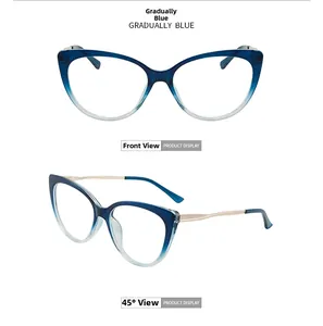 Detail view of cat eye glasses with gradually blue frames and gold metal temples