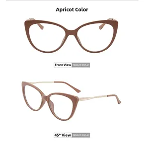 Detailed front and 45-degree view of apricot cat eye TR90 frames with metal temples
