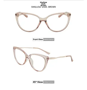 Detail view of shallow dark brown cat-eye TR90 frames with slim metallic temples