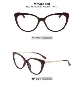 Detailed views of vintage wine red cat-eye glasses frames with thin gold metal temples