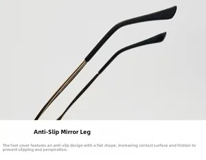 Detail of golden metal temple with black anti-slip tips for cat-eye glasses frames
