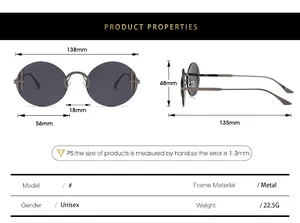 Tableau des tailles détaillé pour lunettes de soleil rondes en métal avec dimensions du cadre