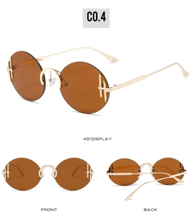 Vue sous trois angles de lunettes de soleil rondes sans monture avec détail H doré
