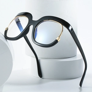 Fashion oversized black square glasses with elegant gold metal inner rim details