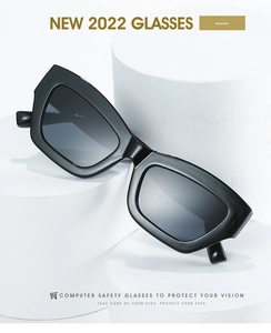 Detail of square black frame sunglasses displayed on a minimalist white pedestal stand