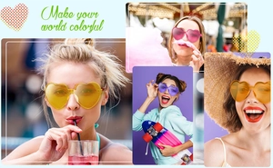 Close-up of colorful heart-shaped rimless sunglasses for summer outdoor parties