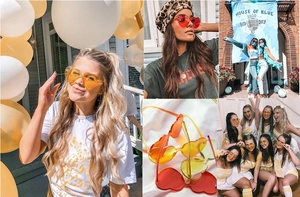Collage of colorful heart-shaped rimless sunglasses for parties and summer festivals