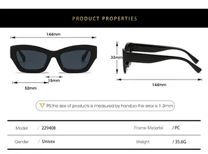 Detailed technical size specifications chart for retro square frame sunglasses