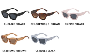 Flat lay of retro square sunglasses in black, leopard, pink, brown, and blue colors
