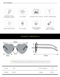 Detailed size chart for heart-shaped sunglasses with frame width and lens height dimensions