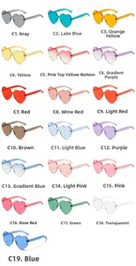 Detailed grid display of heart-shaped rimless sunglasses in 19 candy-colored lens options