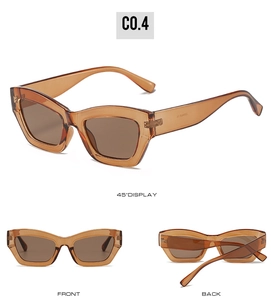 Detailed views of retro cat-eye sunglasses with translucent tea-colored frames and lenses