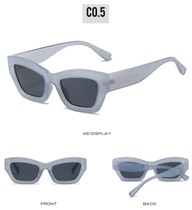 Detail view showing front, back, and 45-degree angle of translucent blue square sunglasses