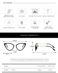 Detailed size guide for cat eye glasses frames with metal temples and product specifications