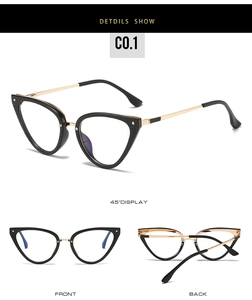 Detailed multi-angle views of cat-eye glasses frames with black and gold metal temples