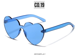 Detailed 45-degree side view of blue heart-shaped rimless sunglasses with transparent frames