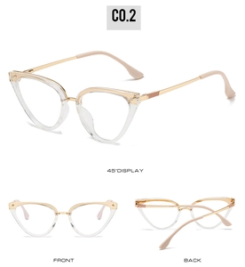 Detailed multi-angle view of transparent cat-eye glasses frames with gold metal temples