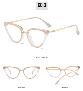 Three-way view of cat eye glasses frames with metal accents and mesh texture details