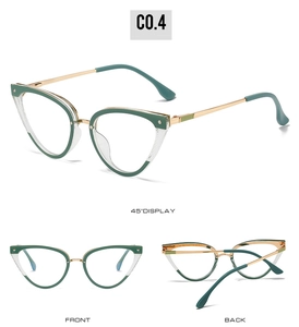 Three perspectives of cat eye TR90 frame glasses in vintage green and gold colors