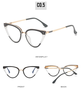 Detailed views of cat eye TR90 glasses frame with anti-blue light and spring hinges