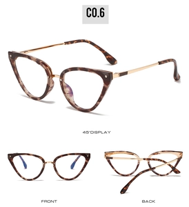 Three views of cat-eye glasses frame with leopard print front and gold metal temples