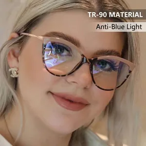 Retro TR90 cat-eye anti-blue light glasses with pink stripes and gold metal temples