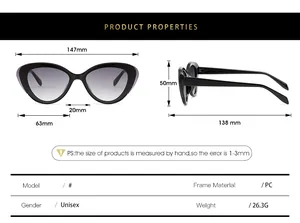 Detailed sizing chart and specifications for cat eye sunglasses with frame dimensions