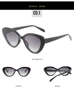 Three-angle view of black cat-eye sunglasses with gradient lenses and striped frame details
