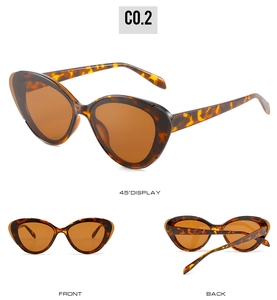 Three-angle views of tortoiseshell cat-eye sunglasses with brown lenses and full frame