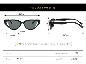 Detailed size guide for cat eye sunglasses showing PC frame dimensions and weight specs