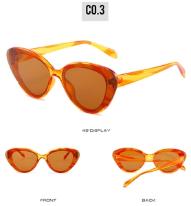 Three-way view of amber cat eye sunglasses showing front, back and 45 degree angles