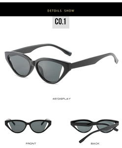 Three-view display of black cat eye sunglasses showing front, back, and 45-degree angle