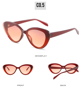 Three angles of red cat-eye sunglasses featuring translucent frames and gradient lenses