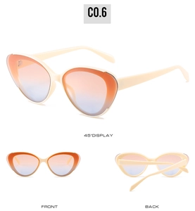 Three angles of cream cat-eye sunglasses with orange-to-blue gradient lenses