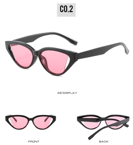 Detailed multi-angle views of vintage cat eye sunglasses with black frames and pink lenses