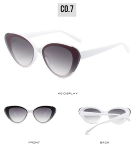 Three perspectives of white cat-eye sunglasses with purple gradient lenses in detailed view