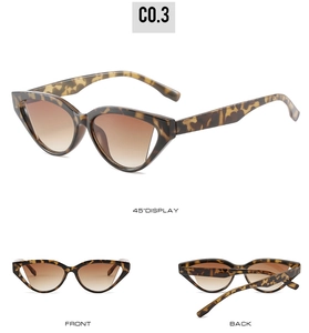 Three views of cat eye tortoiseshell sunglasses with brown gradient lenses