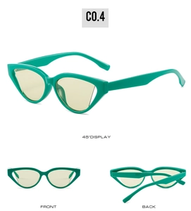 Detail view of green cat eye sunglasses with yellow lenses in 45-degree and front angles