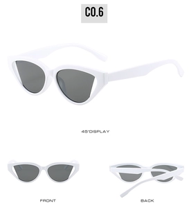 Three-view display of white cat eye sunglasses with grey lenses from front and side angles