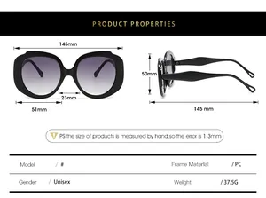 Detailed size chart for oversized cat eye sunglasses with frame and lens measurements