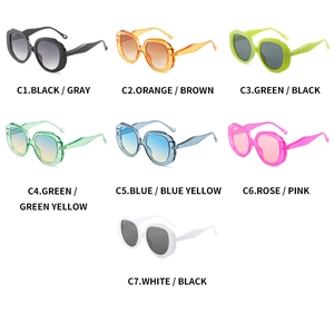 Detailed grid showing seven color variations of oversized diamond candy-colored sunglasses