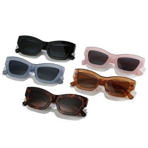 Five pairs of trendy square sunglasses in multiple colors with thick retro frames